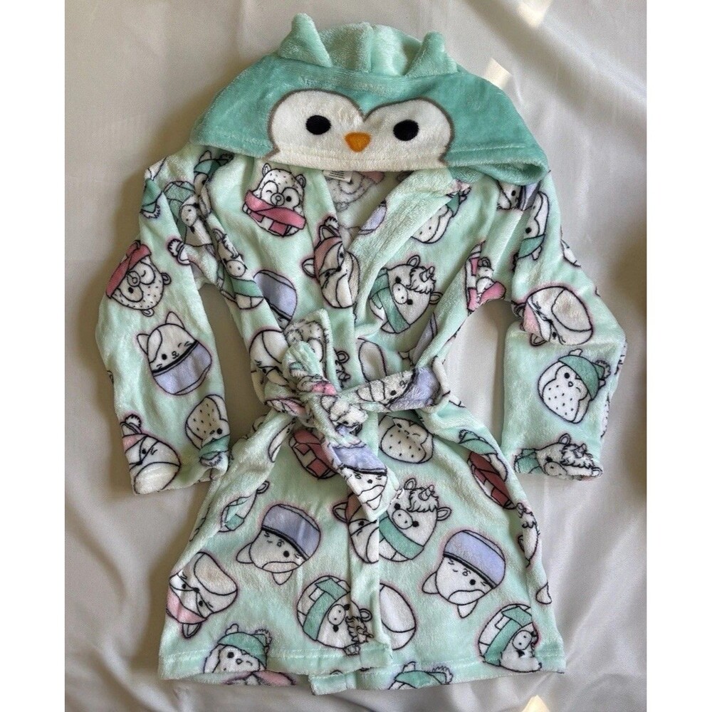 Squishmallows Kids Girls Soft Velour Cute Critter Hooded Robe Aqua SIZE S 6/6X